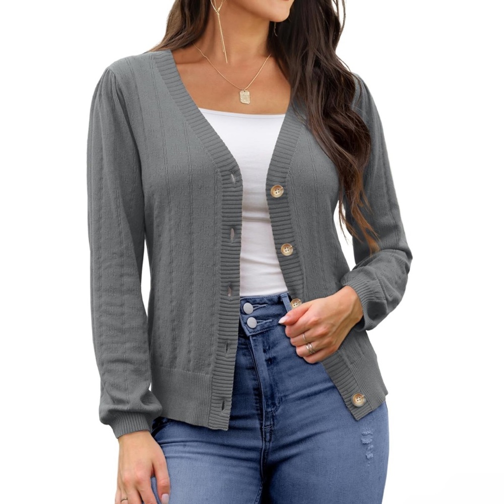 REDHOTYPE Button Down V Neck Casual Cardigan - Heather Grey‎